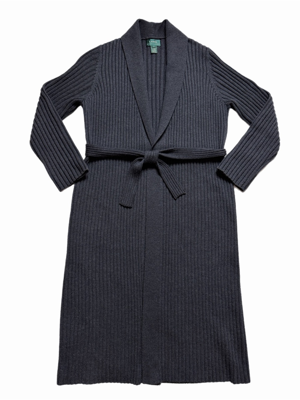 Lauren Ralph Lauren 100% Merino Wool Ribbed Long Cardigan L Charcoal Grey